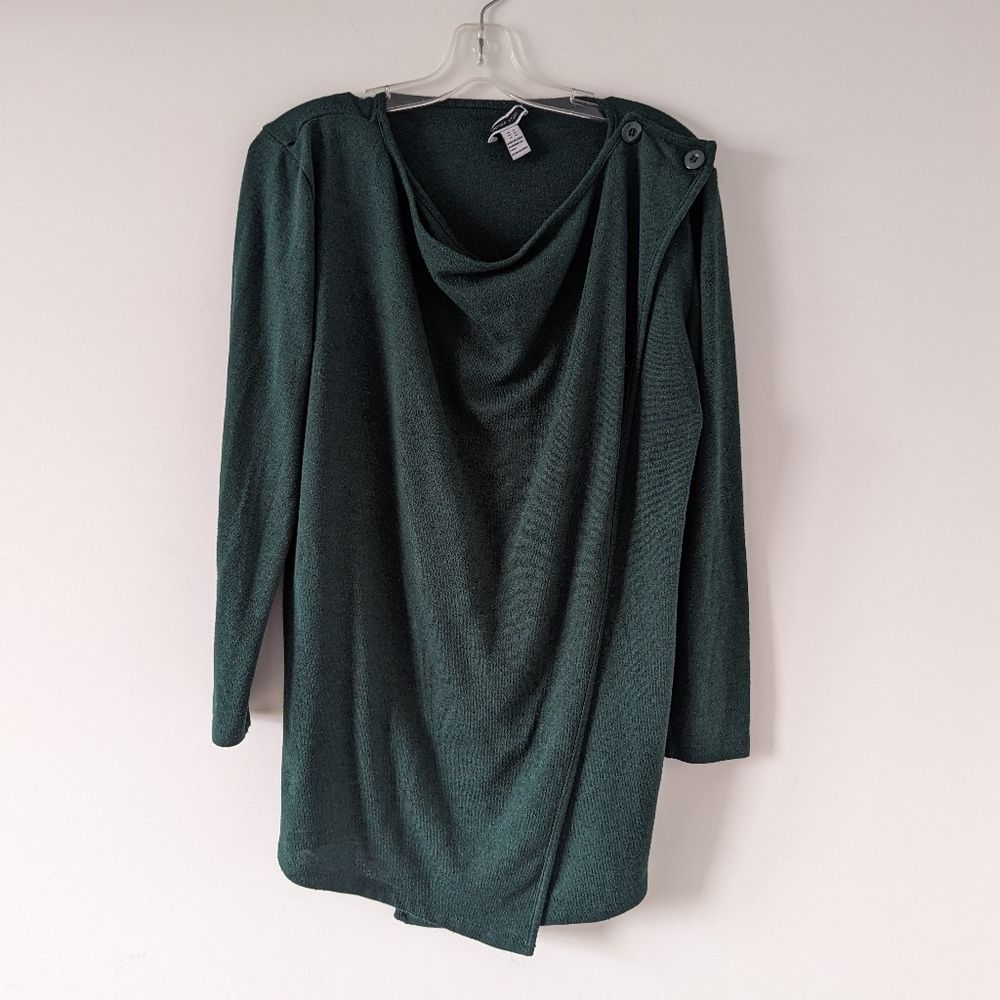 Chic Teal Cowl Neck Top with Side Button Detail - Pockets Included